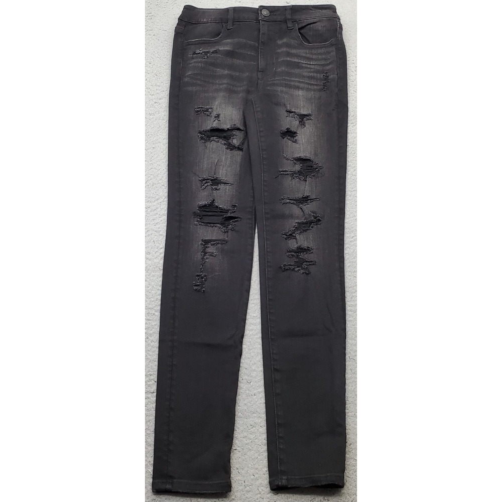 American Eagle Super Hi-Rise Jegging Jeans Womens 8L Black Denim Distressed